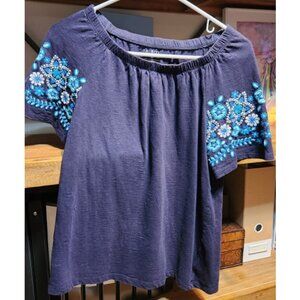 Talbots Floral Embroidered Shoulders 100% Cotton Top Navy Blue, Size S